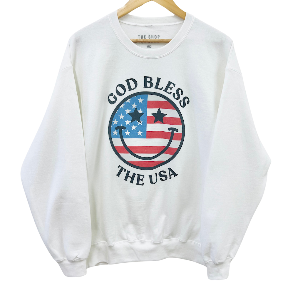 'GOD BLESS THE USA' Happy Face Unisex Fleece Pullover - White