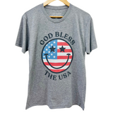 'GOD BLESS THE USA' Happy Face Unisex Tee - Grey
