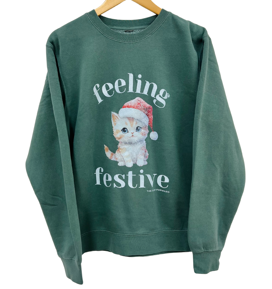 Feeling Festive Santa Cat Pullover - Vintage Green