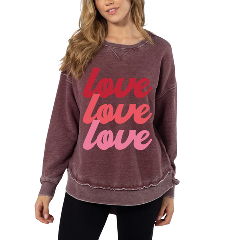 'LOVE LOVE LOVE' Burnout Hi Low Crew - FADED MAROON