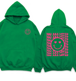 'You are Loved' Happy Face Hoodie - Green with Neon Pink